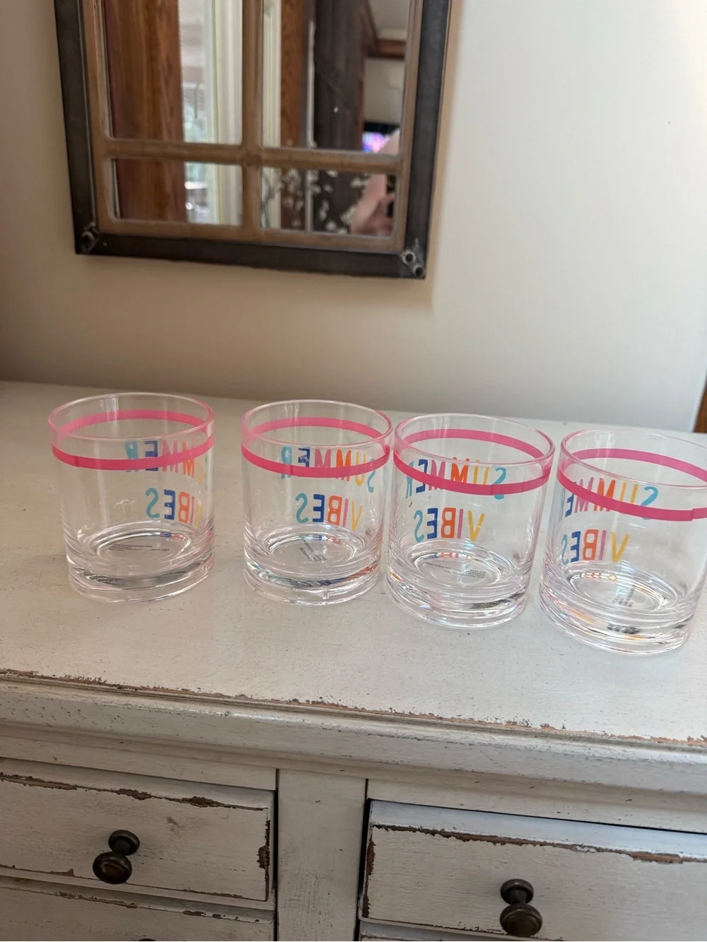 Summer Vibes Pink Rim Clear Drink Tumblers - Set of 4